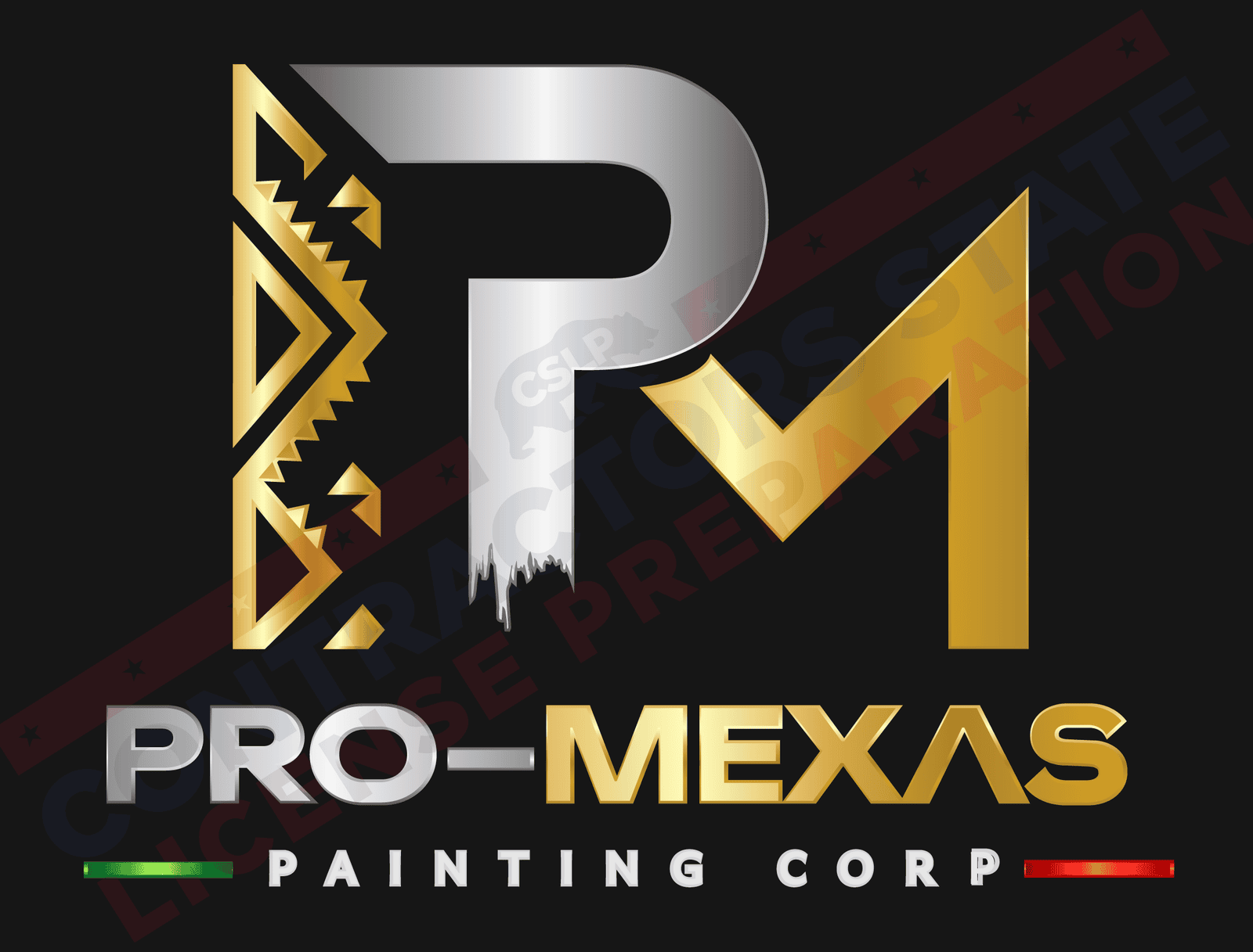 Pro-Mexas Painting Corp logo with gold, silver, and black design elements.